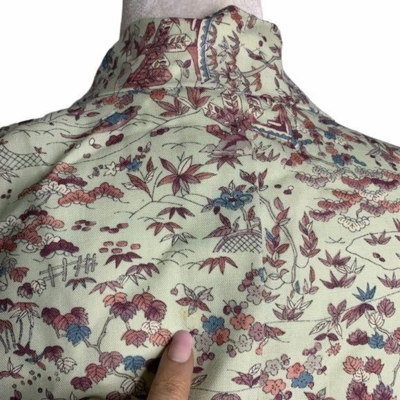 Vintage Floral Kimono Short Robe Jacket M Light Green Floral Lined Tie Waist - Picture 5 of 7
